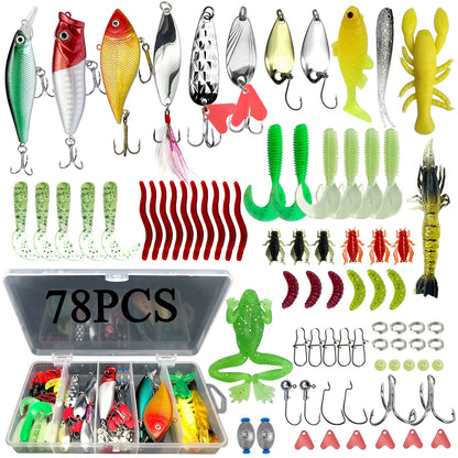 78/122/284Pcs Fishing Lures Kit for Topwater Bait Rigs Tackle Kit for Bass Trout Salmon Fishing Accessories